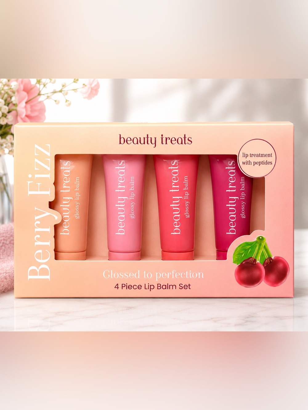 Beauty Treats Berry Fizz 4 Pc Lip Balm Set Cherry Limited Edition New